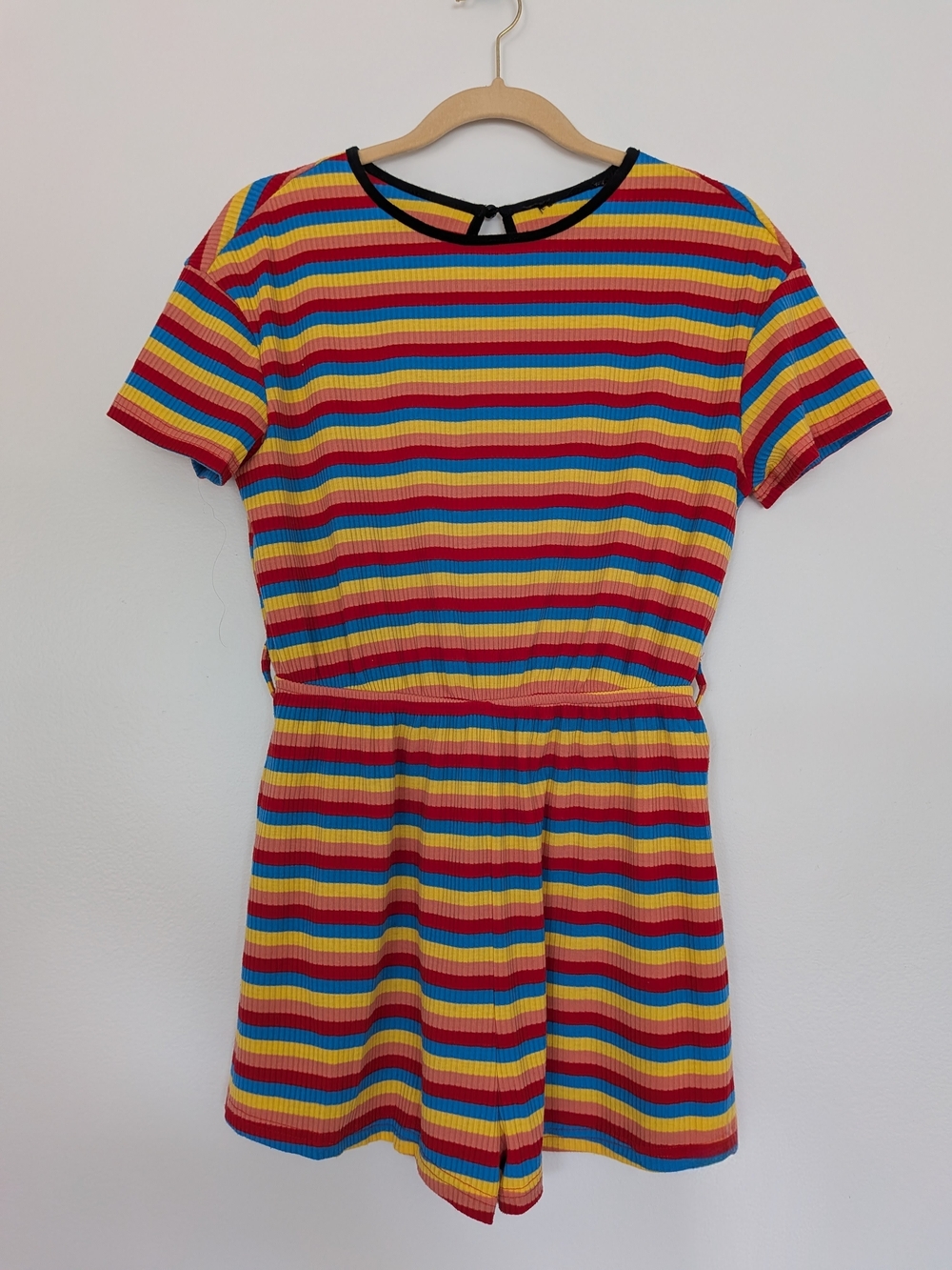 Women's Multicolor Striped Ribbed Romper Size M Short Sleeve Keyhole Back Y2K